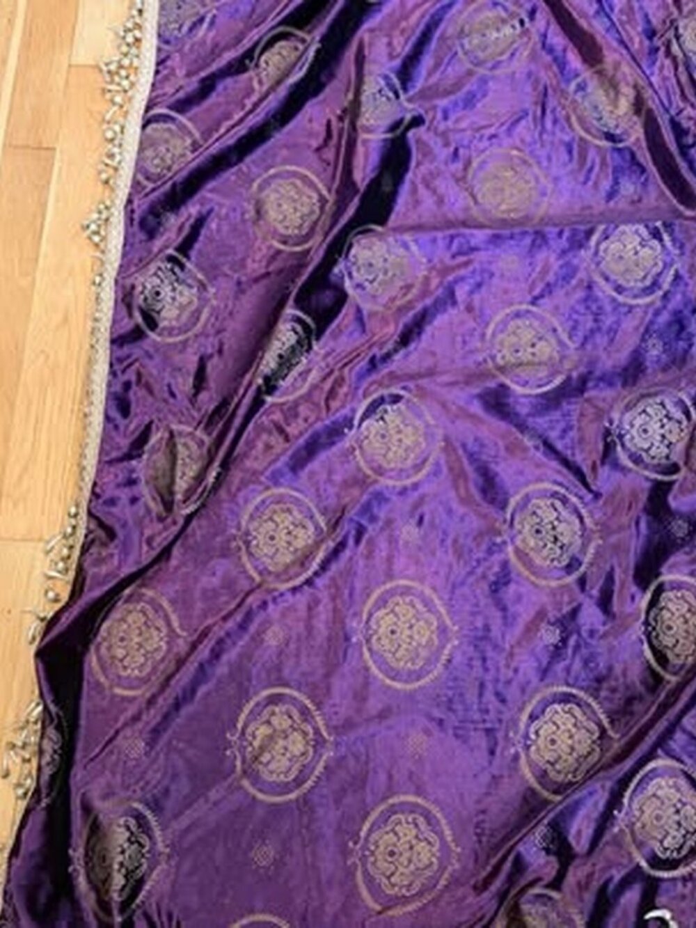 Purple Velvet Embroidered Dupatta with Beaded Fringe